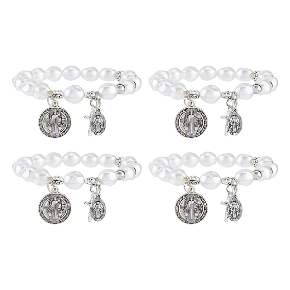 4Pcs Religious Alloy Beaded Charm Bracelets, Rosary Bracelets for Women, Cross & Saint Benedict & Virgin Mary, Antique Silver