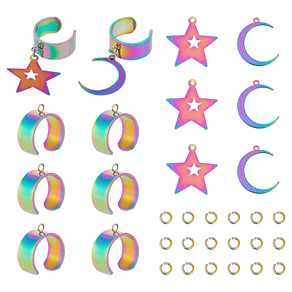 Набор для изготовления открытого кольца, включая ионное покрытие (ip) 201 подвески в форме звезды и луны из нержавеющей стали и кольца на манжетах