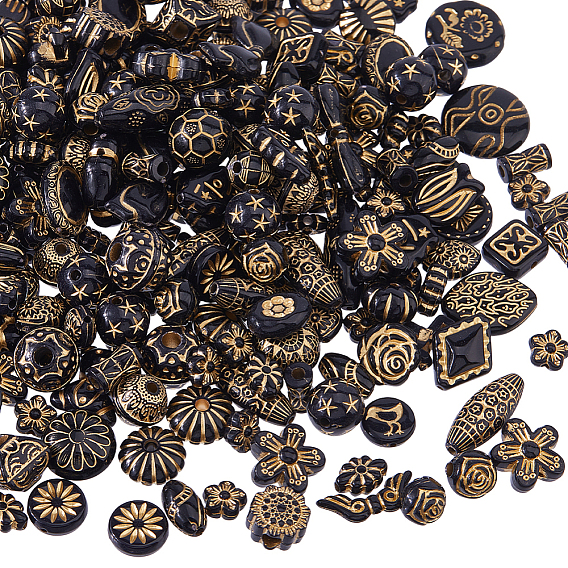 200g непрозрачные акриловые бусины, золотой металл обвитыми, чёрные