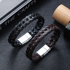 Leather Woven Flat Cord Bracelets, with Magnetic Clasp