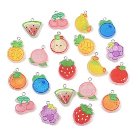 Pendentifs en résine opaque et poudre pailletée, charme de fruits, avec boucle en fer platine