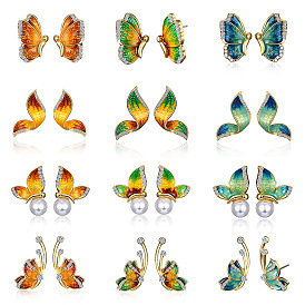 Spring Butterfly Oil Earrings - Creative Pearl Ear Studs with Alloy and Rhinestone Jewelry
