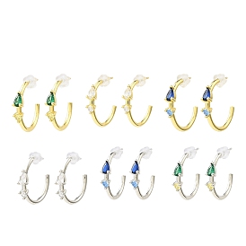 Brass Ring Stud Earrings, Half Hoop Earrings with Clear Cubic Zirconia, Long-Lasting Plated, Lead Free & Cadmium Free