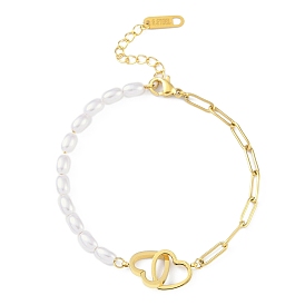 Ion Plating(IP) 304 Stainless Steel Heart Link Bracelets for Women, Plastic Imitation Pearl & Paperclip Chains Bracelets