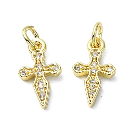 Rack Plating Brass Micro Pave Clear Cubic Zirconia Pendants, Long-Lasting Plated, Lead Free & Cadmium Free, Sword