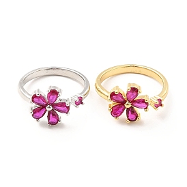 Cerise Cubic Zirconia Flower Open Cuff Ring, Rack Plating Brass Jewelry for Women, Cadmium Free & Lead Free