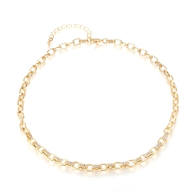 Brass Cable Chains Necklaces, with Clear Cubic Zirconia and Lobster Claw Clasps, Textured, Long-Lasting Plated