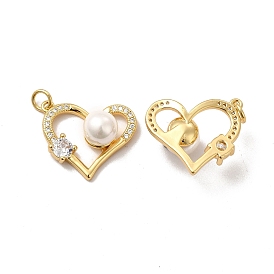 Rack Plating Brass Micro Pave Clear Cubic Zirconia Pendants, with Jump Rings & Acrylic Imitation Pearl, Long-Lasting Plated, Lead Free & Cadmium Free, Heart Charm