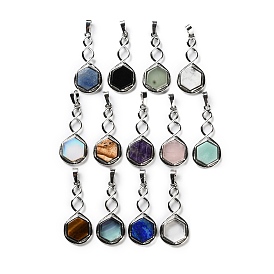 Gemstone Pendants, Rack Plating Brass Hexagon Charms, Lead Free & Cadmium Free, Platinum