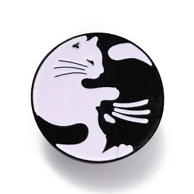 Alfiler esmaltado redondo plano con motivo de gato, broche de esmalte de aleación animal para ropa de mochila, electroforesis negro