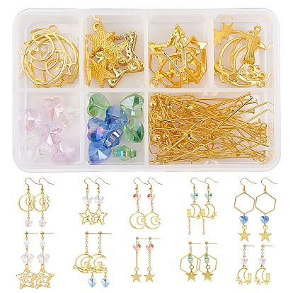 Kits de fabrication de boucles d'oreilles étoiles et lune à faire soi-même, y compris les pendentifs en alliage et le lien, anneaux de liaison en laiton et chaînes de câble et clous d'oreille de poteau de boule et écrous d'oreille et crochets d'oreille, Des billes de verre