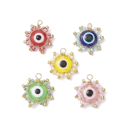 Seed Beads Pendants, with Resin Beads and Copper Wire, Sun with Evil Eye