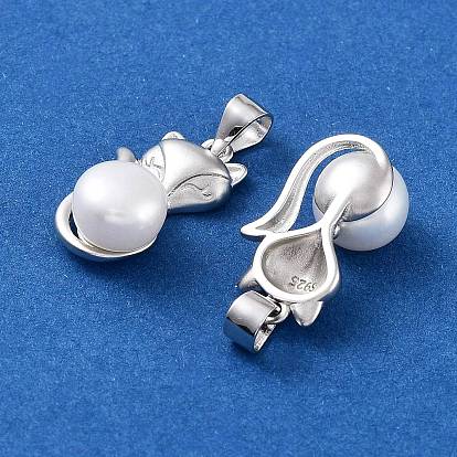 Rhodium Plated 925 Sterling Silver Pendants, with Natural Pearl Beads, Fox Charms, with S925 Stamp
