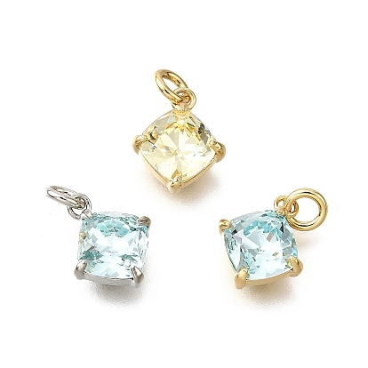 Латунь стекло амулеты, ромбовидные подвески, с петлей для прыжковых колец, без свинца и без кадмия, стойки покрытие, прочное покрытие, граненые