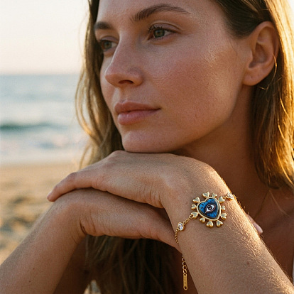 Pulseras estampadas de acero inoxidable con diseño de corazón y ojo turco azul para mujer, con diamantes de imitación de cristal