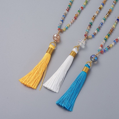 Polyester Tassel Pendant Necklaces, with Electroplate Faceted Abacus Glass Beads and Glass Seed Beads