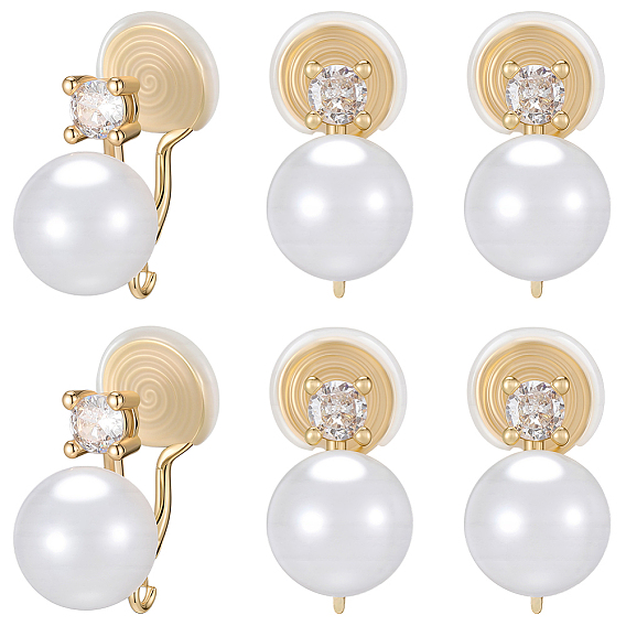 10шт. круглые латунные застежки для сережек-каффов с микропаве из прозрачного кубического циркония, с имитацией жемчуга из АБС-пластика и петлями, долговечный, без никеля 