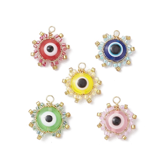 Seed Beads Pendants, with Resin Beads and Copper Wire, Sun with Evil Eye