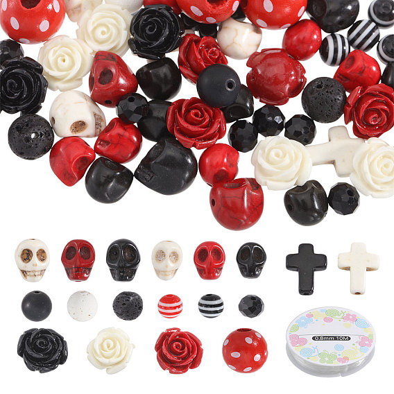 Наборы для самостоятельного изготовления украшений на тему Хэллоуина, В том числе: 265 бусины с изображением черепа, креста, драгоценных камней, смолы, стекла и дерева., 1 свернуть эластичную хрустальную нить
