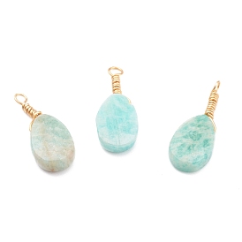 Natural Amazonite Pendants, with Golden Tone Copper Wire Findings, Oval