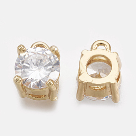 Cubic Zirconia Charms, Real 18K Gold Plated, with Brass Findings, Flat Round, Clear