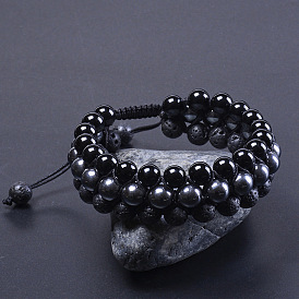 Natural Black Agate Volcanic Stone Triple Strand Adjustable Bracelet for Men and Women
