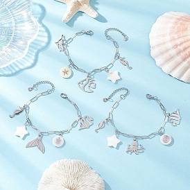 3шт. в океанской тематике 304 браслеты с подвесками из нержавеющей стали, браслеты-цепочки из латуни для скрепок для женщин, разнообразные, с натуральной пресноводной раковиной