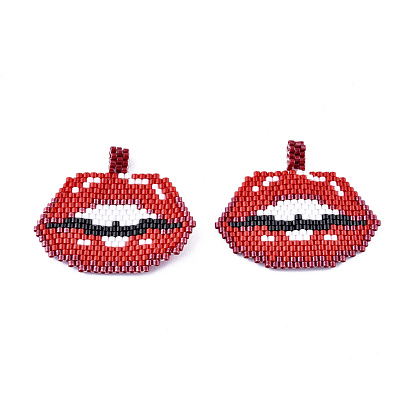 Handmade Seed Beads Pendants, with Elastic Thread, Loom Pattern, Lip