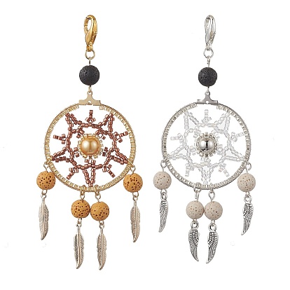 Woven Web/Net with Feather Glass Seed Beads Pendant Decorations, Natural Lava Beads & Lobster Claw Clasps for Bag Ornaments