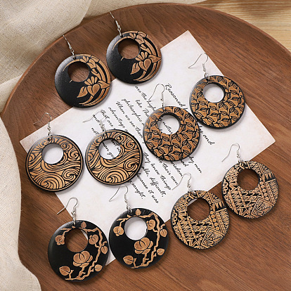 Плоские круглые деревянные серьги с подвесками, платина