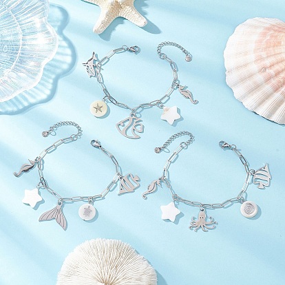 3шт. в океанской тематике 304 браслеты с подвесками из нержавеющей стали, браслеты-цепочки из латуни для скрепок для женщин, разнообразные, с натуральной пресноводной раковиной