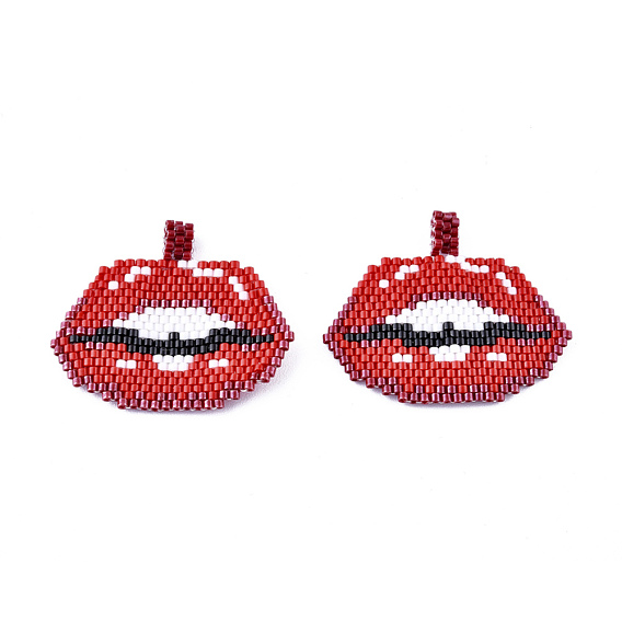 Handmade Seed Beads Pendants, with Elastic Thread, Loom Pattern, Lip