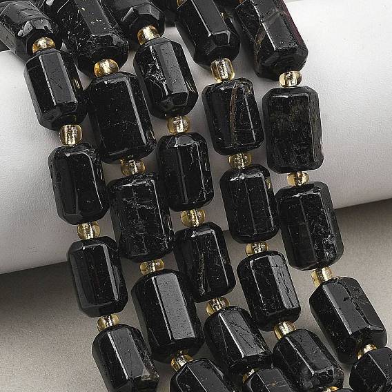 Natural Black Tourmaline Beads Strands, Faceted, Column, with Seed Beads