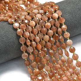 Натуральный персиковый лунный камень, граненый шестиугольный разрез, плоско-круглые, с бисером