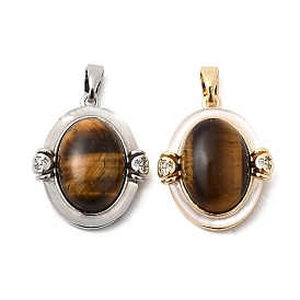Природных тигровый глаз подвески, Овальные подвески с латунными вставками из прозрачного кубического циркония.