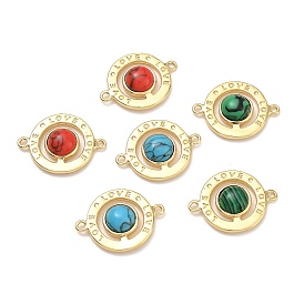 Brass & Synthetic Turquoise/Malachite Connector Charms, LOVE Round Links, Long-Lasting Plated, Cadmium Free & Lead Free, Rack Plating, Real 18K Gold Plated