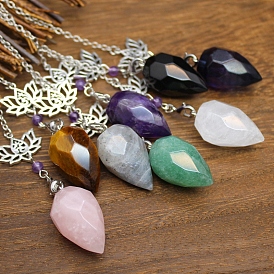 Natural & Synthetic Gemstone Dowsing Pendulum Big Pendants, Undyed, with Platinum Plated Metal Findings, Cone Charm