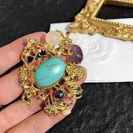 Natural & Synthetic Miexd Gemstone Flower Brooch Pin with Rhinestone, Golden Brass Badge for Women