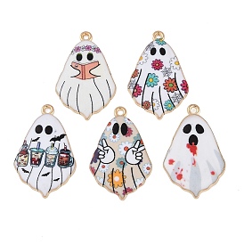 Halloween Alloy Enamel Pendants, Light Gold, Ghost Charm