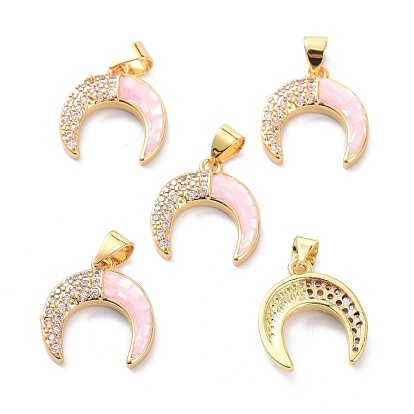 Real 18K Gold Plated Brass Micro Pave Clear Cubic Zirconia Pendants, with Shell Filled in Enamel, Long-Lasting Plated, Double Horn/Crescent Moon