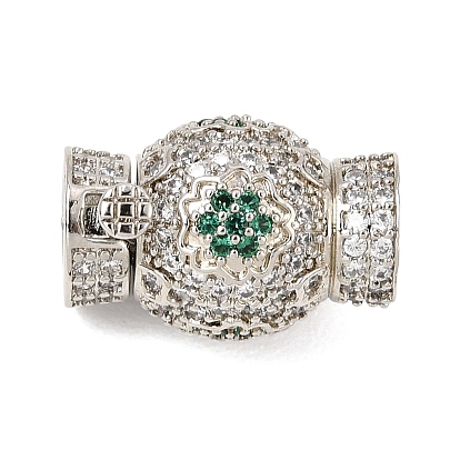 Brass Micro Pave Cubic Zirconia Box Clasps, Round with Flower