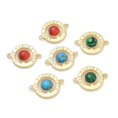 Brass & Synthetic Turquoise/Malachite Connector Charms, LOVE Round Links, Long-Lasting Plated, Cadmium Free & Lead Free, Rack Plating, Real 18K Gold Plated