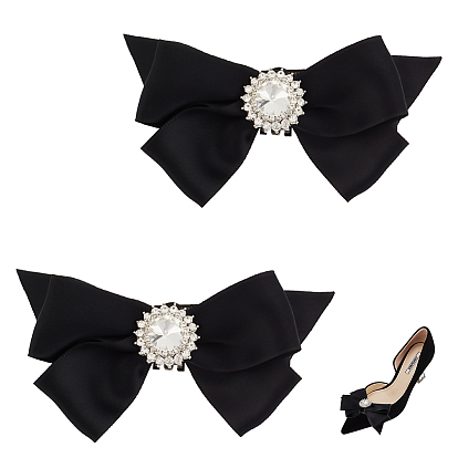 Polyester Bowknot Shoe Decorations, Bridal Detachable Shoe Buckle Clips, with Iron Findings and Rhinestone