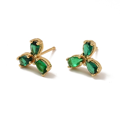 Emerald Rhinestone Leaf Stud Earrings, Rack Plating Brass Jewelry for Women, Cadmium Free & Lead Free