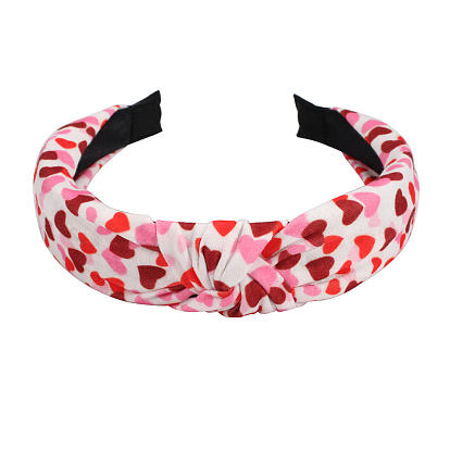Romantic Floral Love Heart Rose Pattern Wide Fabric Headband with Knot for Valentine's Day