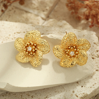 Brass Micro Pave Clear Cubic Zirconia Stud Earrings, Flower