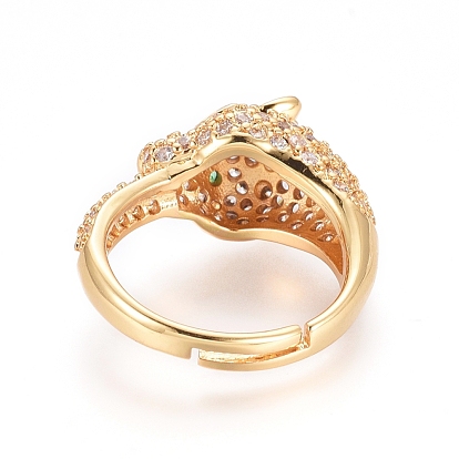 Adjustable Brass Finger Rings, with Micro Pave Cubic Zirconia, Long-Lasting Plated, Leopard Head