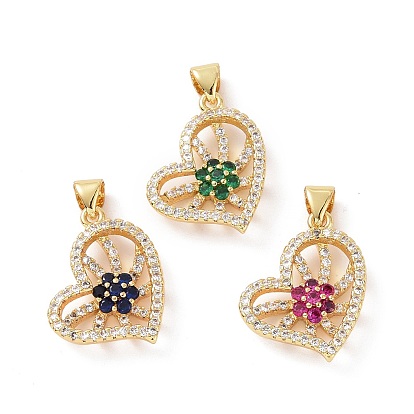Brass Micro Pave Cubic Zirconia Pendants, Real 18K Gold Plated, Hollow Heart with Flower Charm