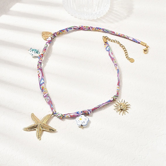 304 Женские ожерелья с подвеской в виде морской звезды, солнца, сердца и керамической рыбы-цветка из полиэстерового шнура с принтом, красочный