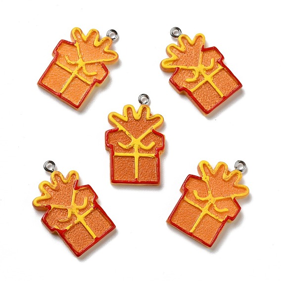 Opaque Resin Pendants, with Platinum Tone Iron Loops, Imitation Gingerbread, Christmas Theme, Gift Box
